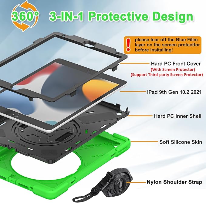BRAECNstock for Apple iPad 9th/ 8th/ 7th Generation Case 10.2 2021/2020/2019 Shockproof Protective iPad 10.2 Kids Case with Screen Protector Pencil Holder Rotating Stand+Hand Strap Green