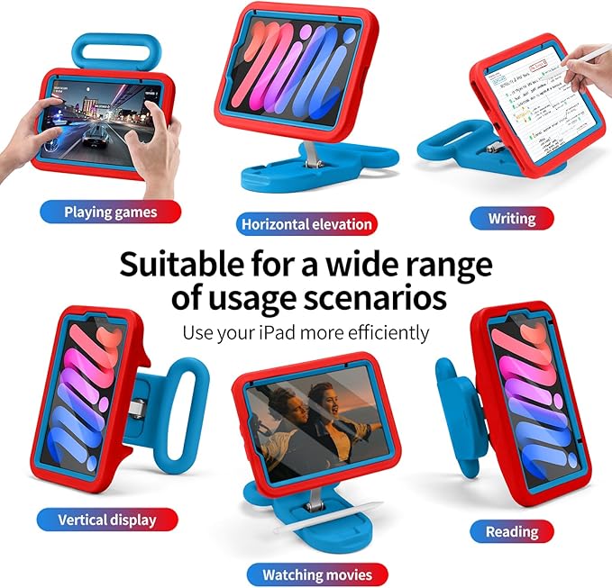 Kids Case for iPad mini 7 (A17 Pro) 2024 / iPad mini 6 2021 Child Friendly Case with Adjustable Portrait/Landscape StandHeavy Duty Cover with Screen Protector for iPad mini 7/6 8.3 inch(Redblue)