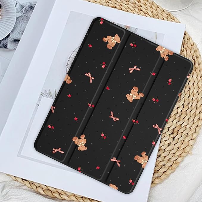 Bear Bow Printed for iPad Air 13 (M3) 2025/ (M2) 2024 Kawaii Animal Clear Hard Back Hybrid Casewith Pencil Holder Trifold Stand Tablet Cover for Women