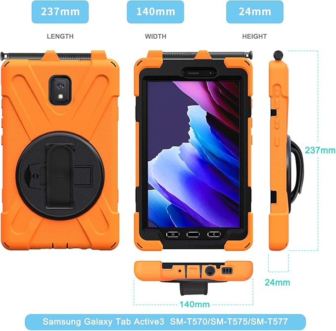 Case for Samsung Galaxy Tab Active 3 8 T570 T575 T577 Heavy Duty Shockproof Rugged 3 Layer Kids Durable Case with 360 Swivel Kickstand Shoulder Strap &amp Hand Strap (Orange)