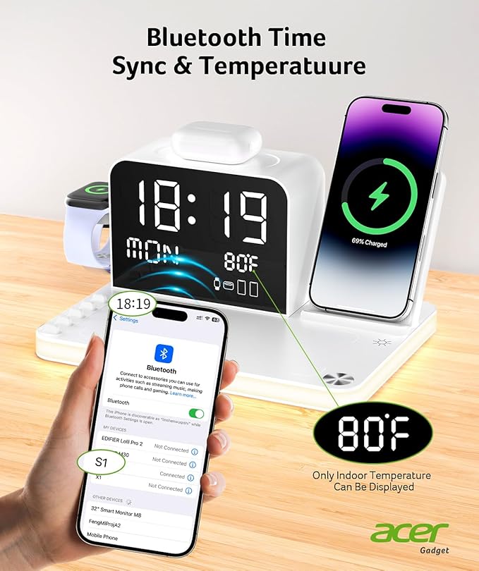 Acer 7-in-1 Wireless Charging Station with LED Clock - 30W Fast Wireless Charger for iPhone 16/15/14/13/12/Pro Max Apple Watch AirPods - Bluetooth Auto Time Sync &amp Night Lights (White)