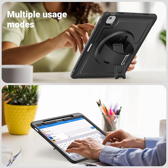Batianda Case for iPad Air 13-inch 2025 M3 2024 M2 Chip Multilayered Rugged Durable Shockproof Tablet Cover with 360° Rotating Hand Strap Foldable Hidden Stand Black
