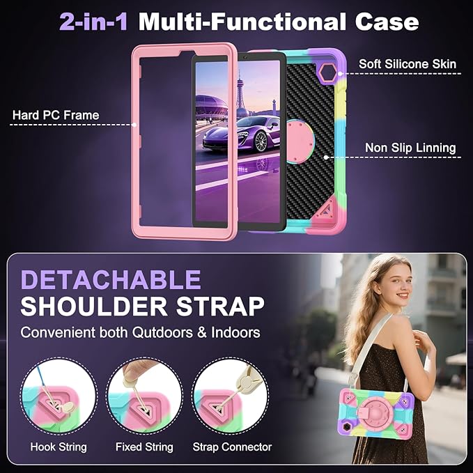 DreamerX for Samsung Galaxy Tab A11 / Tab A9 8.7-Inch 2025/2023 Kids Case with Strap Shockproof Girls Girly Cute Cover w/ 360 Rotating Handle Stand for Galaxy Tab A11+ Tablet 11-inch Purple/Colorful