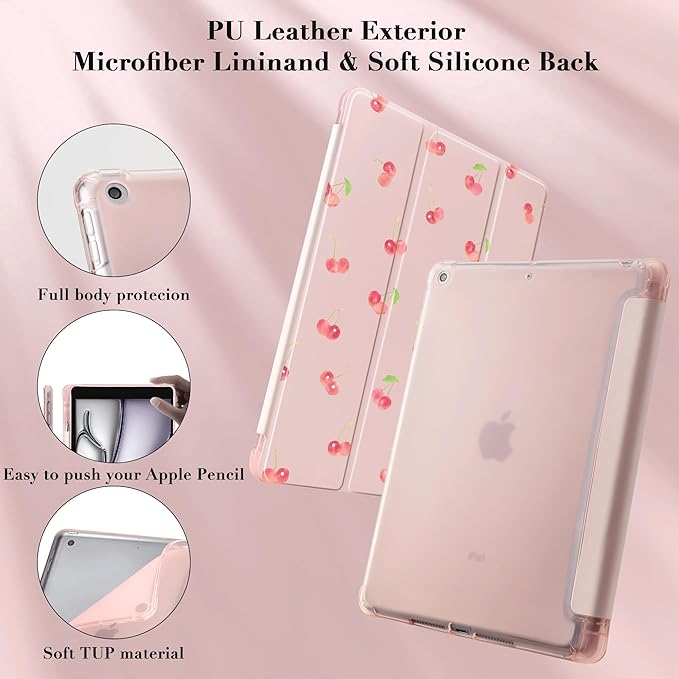 Idocolors Cute Kawaii Girly Cherry Pad Case for 11 Inch iPad Pro(2024) Clear TPU Smart Stand Back Cover with Pencil Holder Auto Wake/Sleep Foldable Shockproof Protective Case for Women Girls