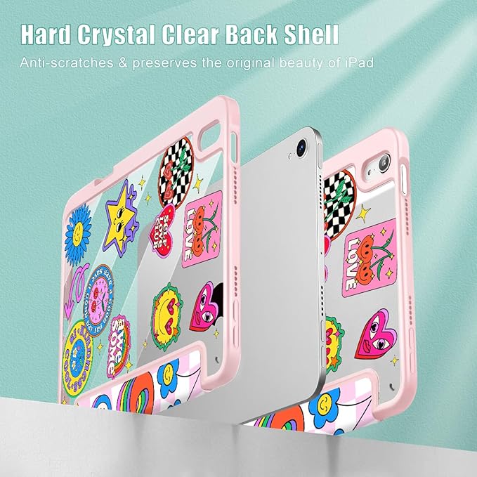 May Chen Slim Case for iPad mini 7 (A17 Pro 7th Generation) 2024 / iPad mini 6 (6th Gen) 8.3 Inch [Built-in Pencil Holder] Shockproof Cover Clear Clear Back Shell Auto Wake/Sleep Groovy