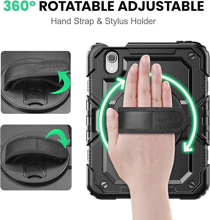 SEYMAC Case for iPad mini 7 (A17 Pro) 2024/ Mini 6 8.3″ Full-Body Shockproof Protective Case with Screen Protector 360° Rotating Stand Hand/Shoulder Strap for iPad mini 7th/ 6th Generation Black