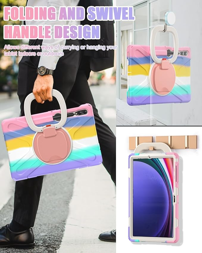 BRAECN Case for Samsung Galaxy Tab S10+/S9 FE+/S9+ 12.4 Inch 2024 Rugged Silicone Case w/S Pen Holder Screen Protector Handle Grip/KickstandShoulder Strap for Galaxy Tab S10 Plus Colorful Pink