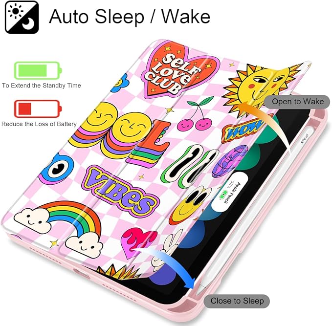 May Chen Slim Case for iPad mini 7 (A17 Pro 7th Generation) 2024 / iPad mini 6 (6th Gen) 8.3 Inch [Built-in Pencil Holder] Shockproof Cover Clear Clear Back Shell Auto Wake/Sleep Groovy
