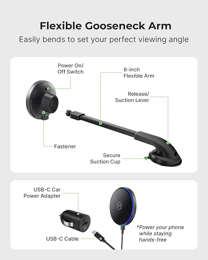Mag Switch Qi2 Wireless Car Charger Gooseneck Mount 15W Fast Charger with Built in on/Off Switch for Smarter Charging Strong N52 Magnets Compatible with iPhone 14/15/16/17/Galaxy