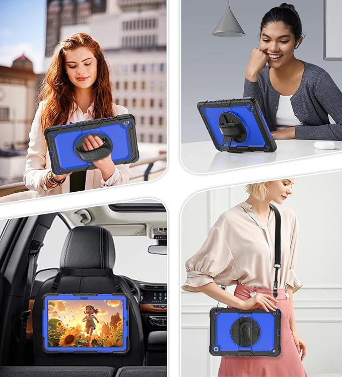 DUNNO Samsung Galaxy Tab A9+ Plus 11 Inch 2023 Case Shockproof with Screen Protector 360 Rotating Stand Hand &amp Shoulder Strap (Black/Blue)