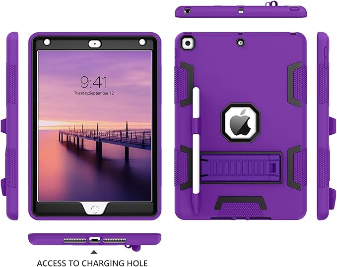 BENTOBEN iPad Case (9th/8th/7th Gen) 10.2-inch 2021/2020/2019 Heavy Duty Rugged Shockproof Protective Cover with Stand Pencil Holder C Purple