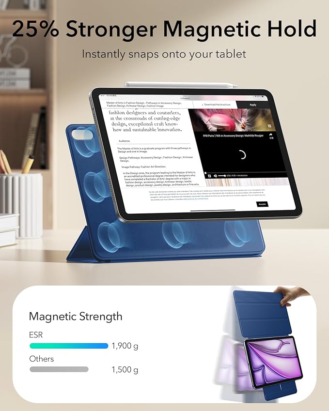 ESR for iPad Air 13 Inch Case M4/M3/M2 (2026/2025/2024) iPad Pro 12.9 Case Powerful Magnetic Attachment Slim Trifold Stand Case Supports Pencil Pro &amp Pencil (USB-C) Rebound Series Dark Blue
