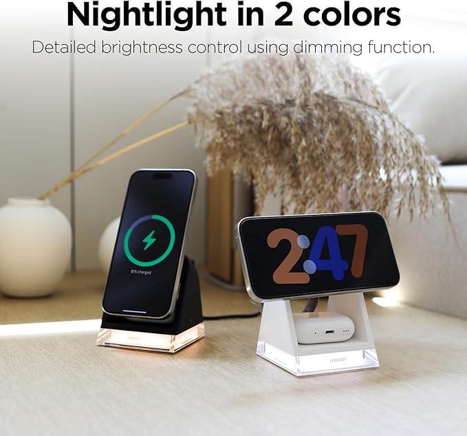 mooas Crystal Lamp 3 in 1 Mag-safe Wireless Charging Stand (Black) 2 Color Nightlight 3 in 1 wireless charger Compatible with iPhone 12/13/14/15 Galaxy S21 S22 S23 S24 Apple watch Galaxy watch
