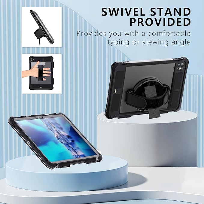 IP68 Waterproof Case for iPad Pro 11-inch M4 2024 with [Pencil Holder] [Swivel Kickstand] [Hand Grip] Shock-Dust-Proof Full-Sealing Watertight Cover Compatible with Magic Keyboard A2836/A2837