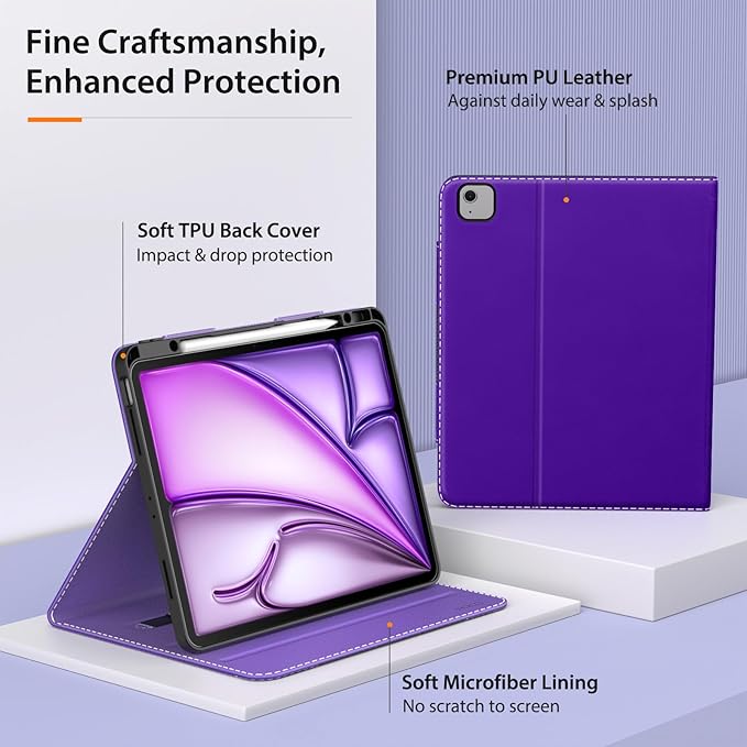 MoKo Case for iPad Air 13 Inch (M3 2025 / M2 2024) &amp iPad Pro 12.9 2022/2021 with Pencil Holder Premium Leather Folio Stand Cover for iPad Air 13 Inch/iPad Pro 12.9 Inch 6th/5th GenPurple