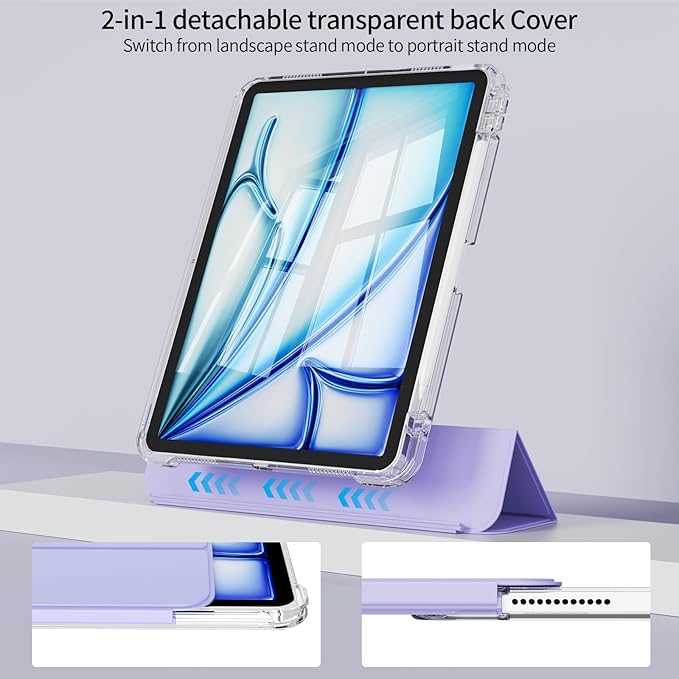 Case for iPad Air 11 inch M4/M3/M2 (2026/2025/2024) &amp iPad Air 5/4th Generation (2022/2020) 10.9 inch 2-in-1 Removable Hard PC Transparent Back with Pencil Holder Auto Sleep/WakeLight Purple