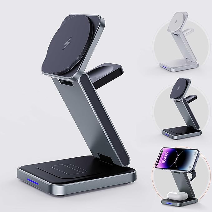 SIMPKEELY 3-in-1 Magnetic Wireless Charging Station 15W Fast Charger Stand for iPhone/Apple Watch/AirPods Foldable Design (Gray)