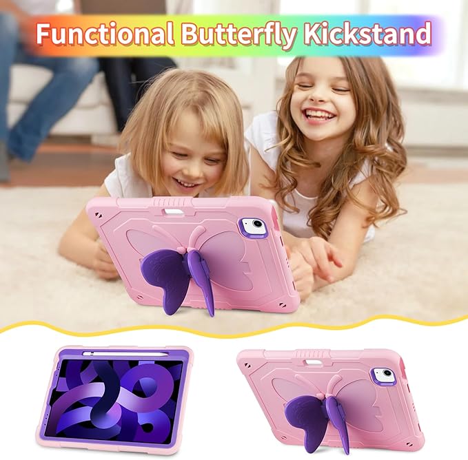 WESADN for iPad Air 5th/4th Generation Case for iPad Pro 11 Inch Case 4th/3rd/2nd/1st with Kickstand Butterfly Wings Strap Pencil Holder Kids Girls Cases i-Pad Air 5th 10.9 Pink Purple
