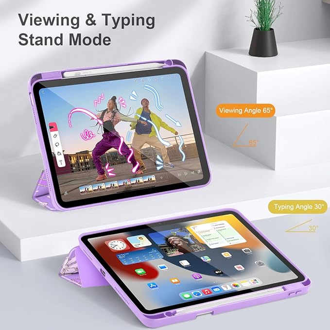 Tuiklol Case for iPad 11 inch (A16 Chip) 2025 Gen 11th / iPad 10.9 inch 2022 10th Gen Buit in Pencil Holder with Shockproof Cover Clear Transparent Back Shell Auto Wake/SleepBow &amp Rose Purple