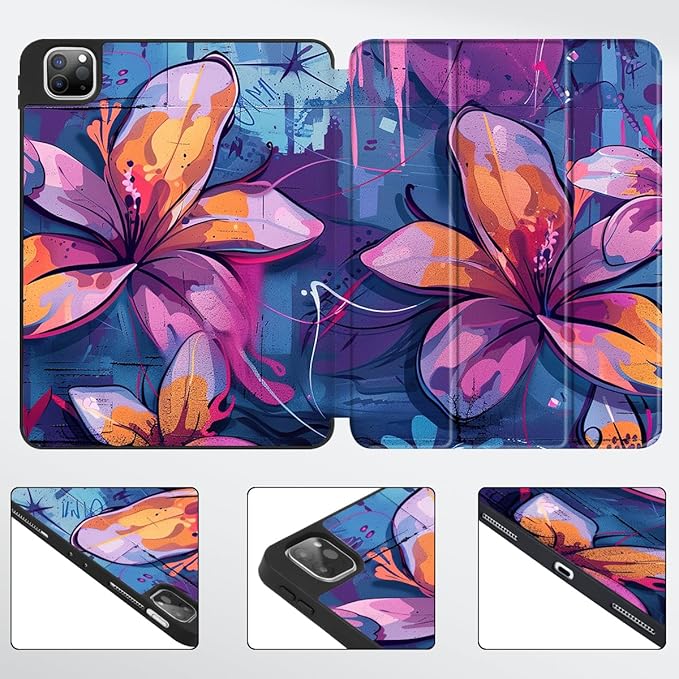 Mektron for iPad Pro M2 11-inch 4th/ 3rd/ 2nd/ 1st Gen Case 2022 2021 2020 2018 with Pencil Holder Tablet Cover with Soft TPU Back Cover for 11 inch iPad Pro Graffiti Flower