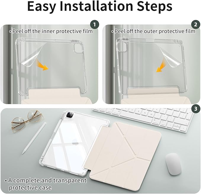 kenke Case for iPad Air 13 Inch (M3 2025/M2 2024) iPad Pro 12.9 Inch 6th/5th Generation (2022/2021) with Pencil Holder Y Folding Stand Cover with Hard Clear PC Back Support Touch ID Cream White