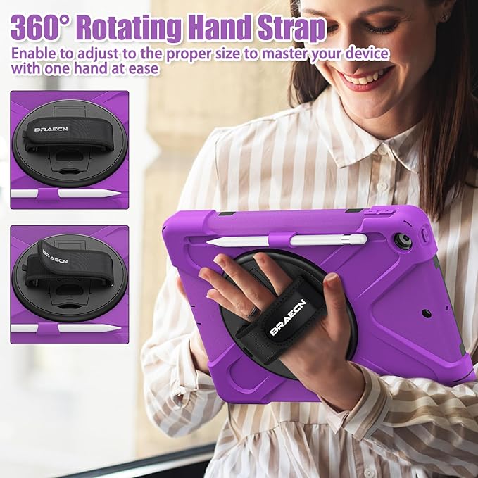 BRAECNstock for Apple iPad 9th/ 8th/ 7th Generation Case 10.2 Shockproof Protective Kids Case with Screen Protector Pencil Holder Rotating Stand+Hand Strap Shoulder Strap Purple