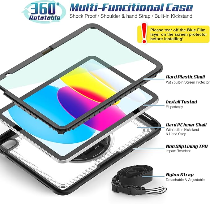 SEYMAC stock Case for iPad A16 11-inch Case 2025/ for iPad 11th/ 10th Generation 10.9'' 2022 Protective with Screen Protector Pen Holder Rotate Stand Loop Nylon Hand Strap Shoulder Strap Clear