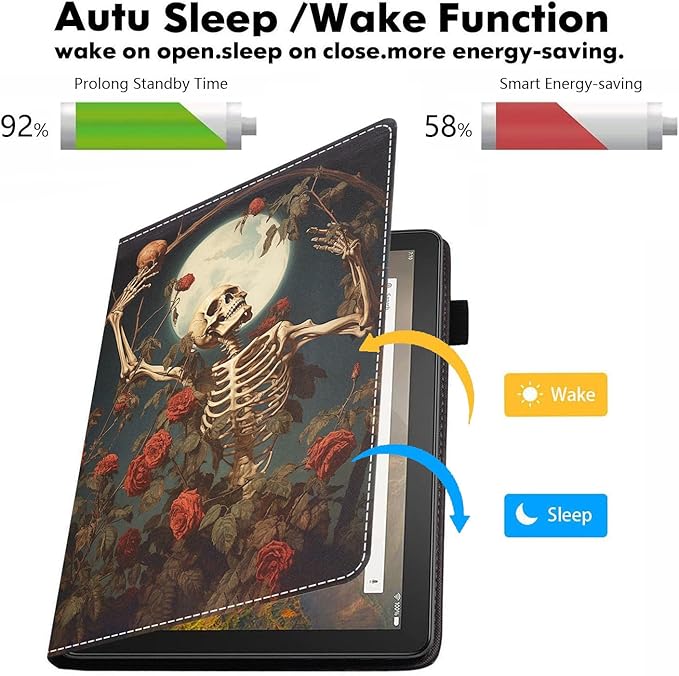 Case for All-New Amazon Kindle Fire HD 10 &amp 10 Plus Tablet 10.1 (13th/11th Generation 2023/2021 Release) - PU Leather Folio Case with Smart Auto Wake/Sleep Skull Roses