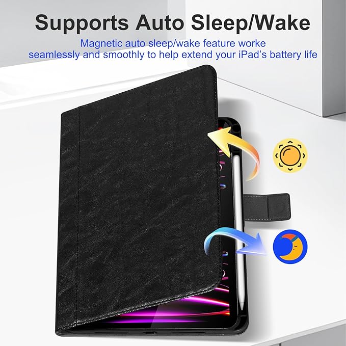 Case for iPad Pro 11 Inch4th/3rd/2nd/1st Generation(2022/2021/2020/2018) Genuine Leather Cover with Pencil HolderCowhide Folio CoverAuto Sleep/Wake Magnetic ClosureBlack