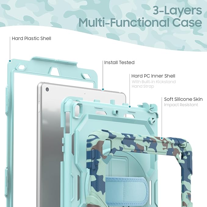 Case for iPad 9th/ 8th/ 7th Generation 10.2'' Shockproof 360° Rotating Hand Strap &amp Kickstand Protective Cover with Screen Pencil Holder for iPad 10.2 inch 2021-2019 Camo Blue