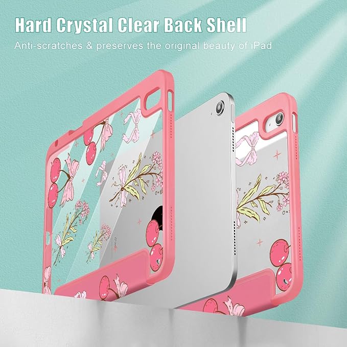 Tuiklol for 2025 iPad (A16 Chip) 11th Generation 11 inch/iPad 10th Generation 10.9 inch 2022 Case Buit in Pencil Holder with Clear Back Shell Cover Trifold Stand Auto Wake/SleepCherry Bow