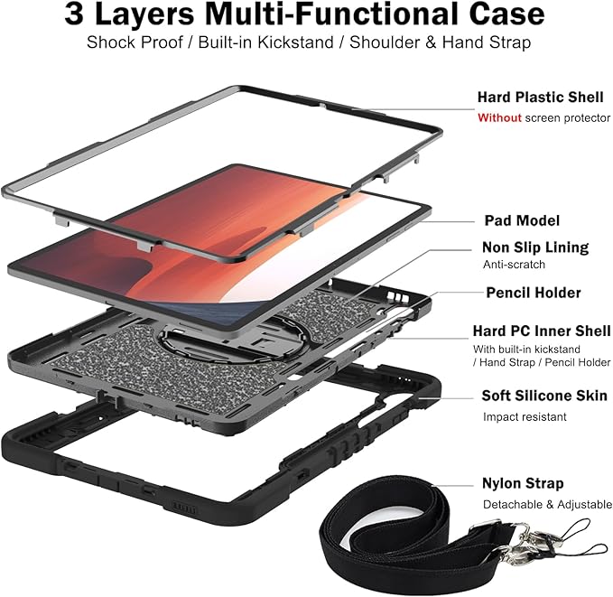 Tablet Case Compatible with Samsung Galaxy Tab S10 FE Plus 13.1 Inch 2025 Model (SM-X620/X626) CaseHeavy Duty Shockproof Rugged Protection Cover Stand &ampHand Strap+Shoulder Strap(Black)