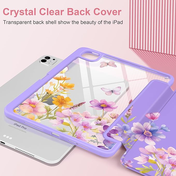 Case for iPad Pro 13 inch (M5) 2025 (M4) 2024 Release Slim Lightweight Cute Purple Cover with Clear Back TPU Edge Pencil Holder Trifold Stand Watercolor Flower