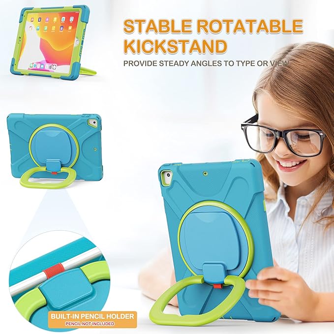 BRAECN Kids Case for iPad 9.7 Inch iPad 6th/5th Generation(2018/2017) 3-Layer Full-Body Rugged Silicone Case w/Rotatable Handle Grip Shoulder Strap Pencil Holder Kickstand for iPad Air 2-Sky Blue