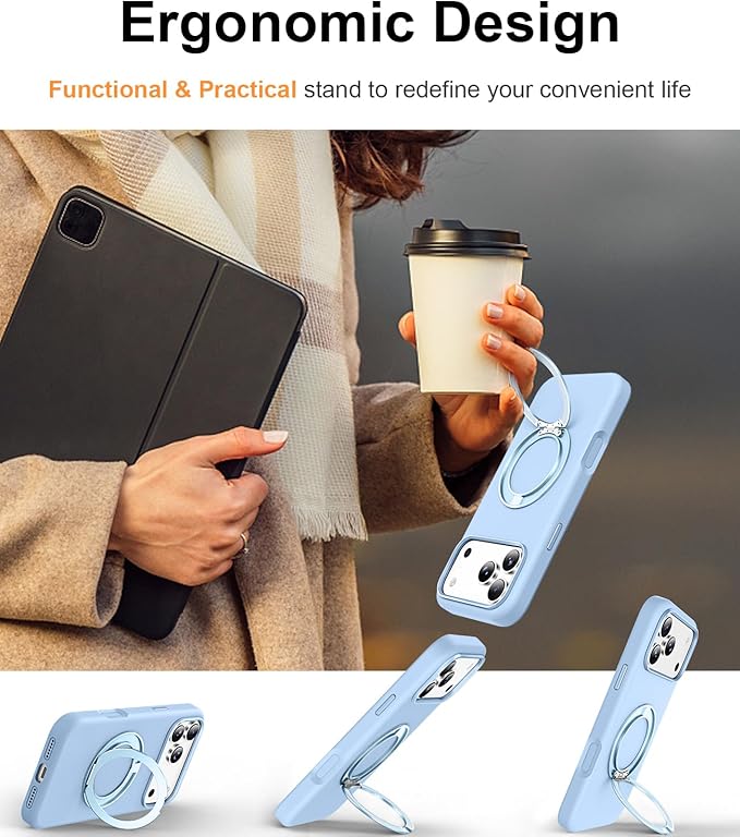 STERKER 360° Rotatable Stand Compatible with iPhone 17 Pro Max Case with Magnetic [Military Grade Drop Tested][Adjustable Kickstand] Ring Holder Silicone Slim Back Soft Edge Sky Blue