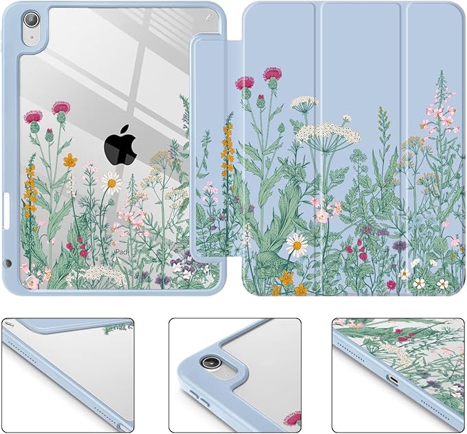 May Chen Case for iPad Air 13 Inch M4 2026 M3 2025 M2 2024 [Built-in Pencil Holder] Shockproof Cover with Clear Transparent Back Shell Auto Sleep/Wake Cover Herbs Flowers