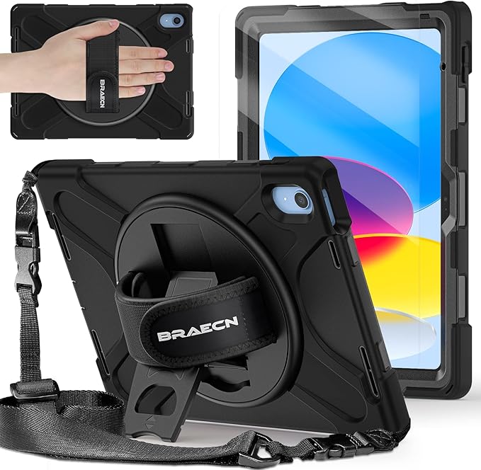BRAECNstock for Apple iPad (A16) 11th/10th Generation Case 11/10.9 2025/2022 Shockproof Protective Case with Screen Protector Pencil Holder 360° Rotating Stand &amp Hand Strap Shoulder Strap B