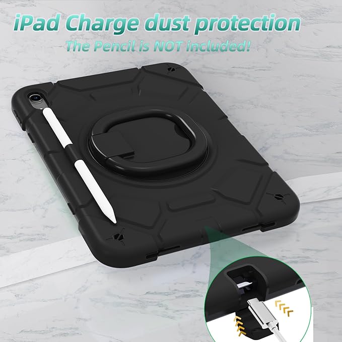 case for iPad (A16) 11th Generation 11 Inch (2025)iPad 10th Generation 10.9 Inch(2022)with[Tempered Glass Screen Protector] [Pencil Holder] 360° Rotating Handle Stand (Black)