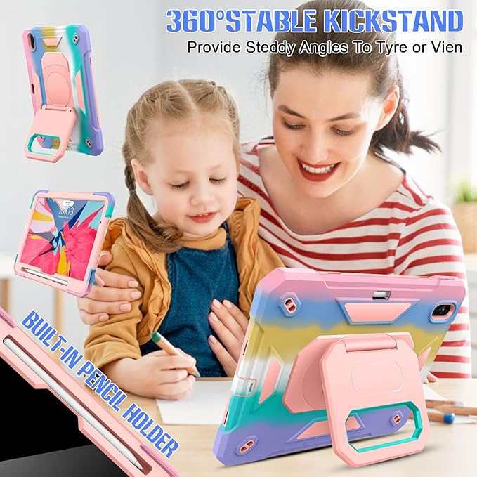 KCJ for iPad Air 11 Inch Case M3 2025 7th Generation &amp M2 2024 6th Generation with Tempered Glass Screen ProtectorRugged Protective Case with Folding Stand/Pencil Holder/Shoulder Strap (Rainbow)