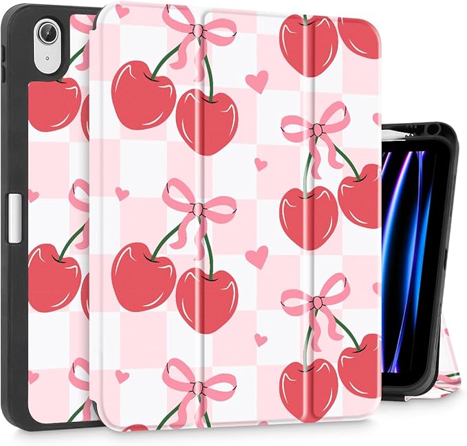 Mektron Case for iPad Air 11 inch (M4 2026 8th /M3 2025 7th /M2 2024 6th) Compatible with iPad Air 10.9 (2022 5th Gen /2020 4th Gen) Tablet Cover Buit in Pencil Holder Cherries Bows C353