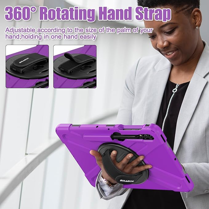 BRAECNstock for Samsung Galaxy Tab S10+ Plus/ S9 FE+ Plus/ S9+ Plus/ S8+ Plus/ S7 FE/ S7+ Plus 5G Tablet Case 12.4 Shockproof Protective Kids Case with Pen Holder Rotating Hand Strap &amp Stand - Pu