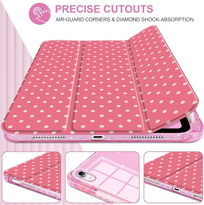 TWOLSKOO Sparkly Case for iPad Pro 11 inch (M5 2025 / M4 2024) Glitter Hard Acrylic Back with Pencil Holder Slim Trifold Stand Folio Cover Auto Sleep/Wake Rose Polka Dot