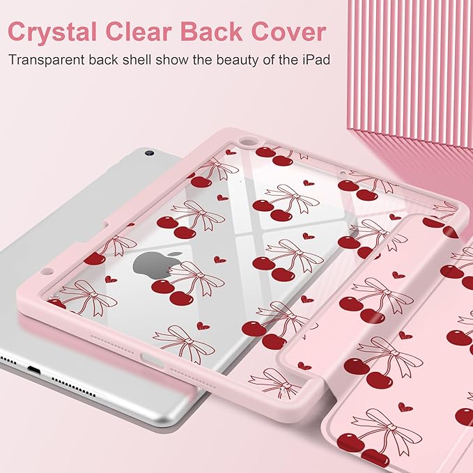 DONGKE for iPad 9th/8th/7th Generation Case 10.2 Inch (2021/2020/2019) [Auto Sleep/Wake &amp Pencil Holder] Clear Acrylic Back Trifold Stand Cover Cherry &amp Heart