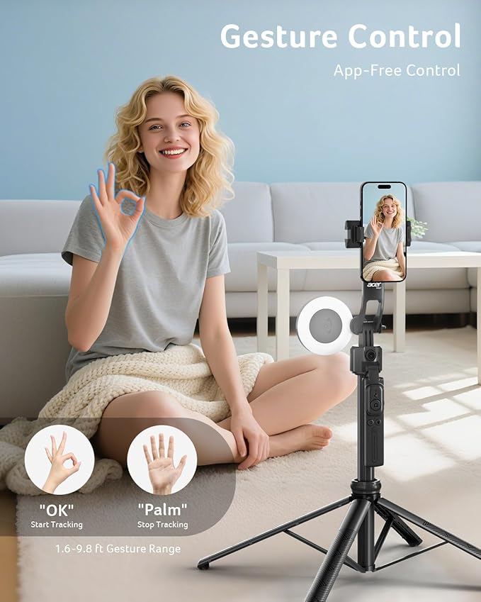 Acer Gadget Auto Face Tracking Tripod for iPhone/Cell Phone/Android/Camera with Light and Remote 64 No App 360°Rotating Tripod Selfie Stick for Tiktok YouTube Vlog Live Streaming Video Recording