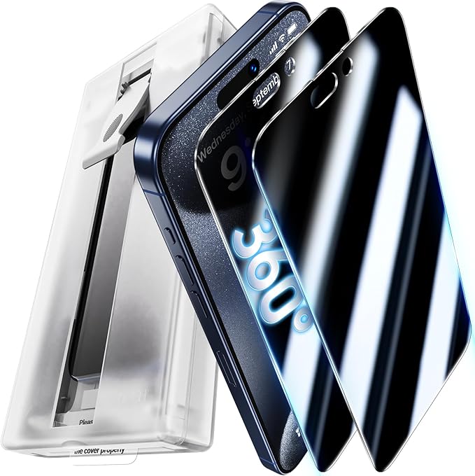 UniqueMe 2 Packs for iPhone 15 Pro Privacy Screen Protector - 360°Anti-Spy 4way Tempered Glass Screen Protector 15 Pro Zero Bubble Case Friendly [Automatic Dust Removal]