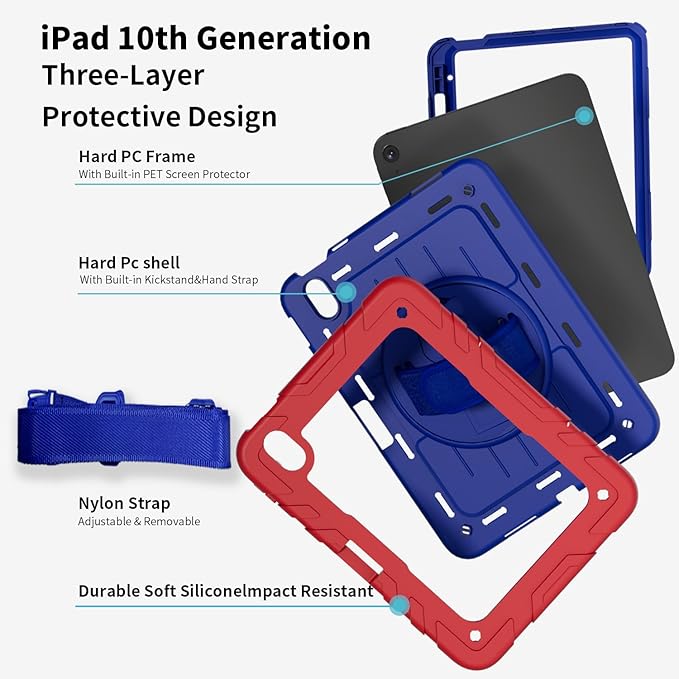 Case for iPad 10th Generation 10.9inch 2022with Built-in Screen Protector and KickstandHand StrapShoulder Strap for New Apple iPad 10.9 Inch(Red/Blue)