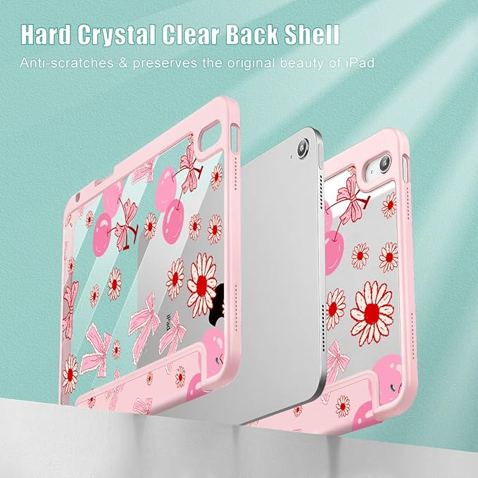 Case for iPad Air 11'' (M4 2026/M3 2025/M2 2024)/ iPad Air 10.9'' Air 5th /4th Gen Shockproof Cover with Clear Back Shell &amp Penceil Holder Auto Wake/Sleep Stand Cover Cherry Bow P705