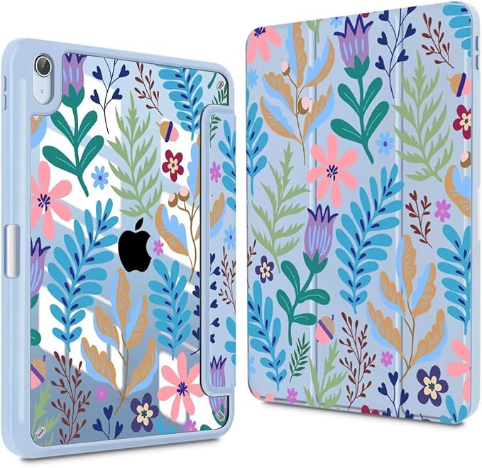 CISSOOK for iPad (A16) 11 inch Case 2025 /iPad 10th Generation 10.9 inch 2022 with Pencil Holder Trifold Stand with Soft TPU + PC Transparent Hard Shell Back Cover Blue Flora