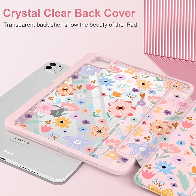 Case for iPad Pro 13 inch (M5) 2025 (M4) 2024 Release Slim Lightweight Cute Light Pink Cover with Clear Back TPU Edge Pencil Holder Trifold Stand Colorful Flowers