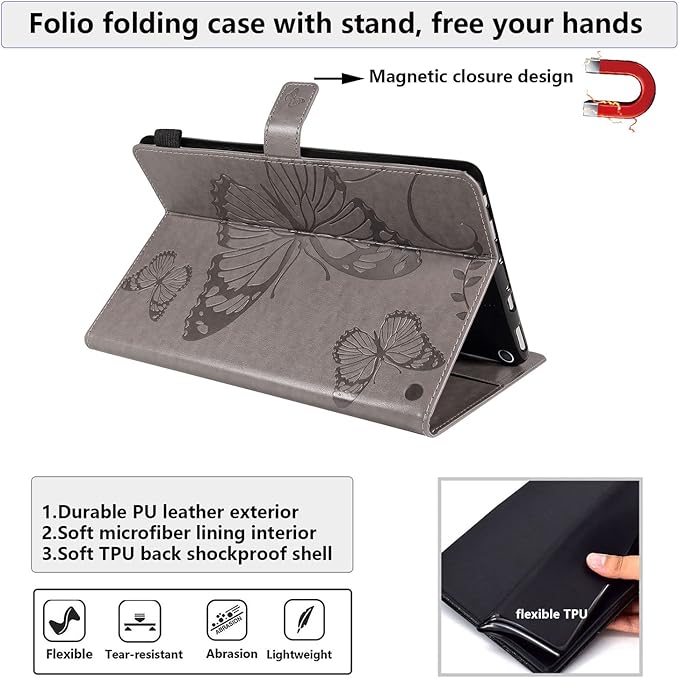 for Kindle Fire HD 10 &amp HD 10 Plus Case 13th/11th Generation 10.1 (2023/2021) Stand Embossed PU Leather Magnetic Wallet Cover with Pencil Holder/Pockets [Auto Wake/Sleep] Gray Butterfly